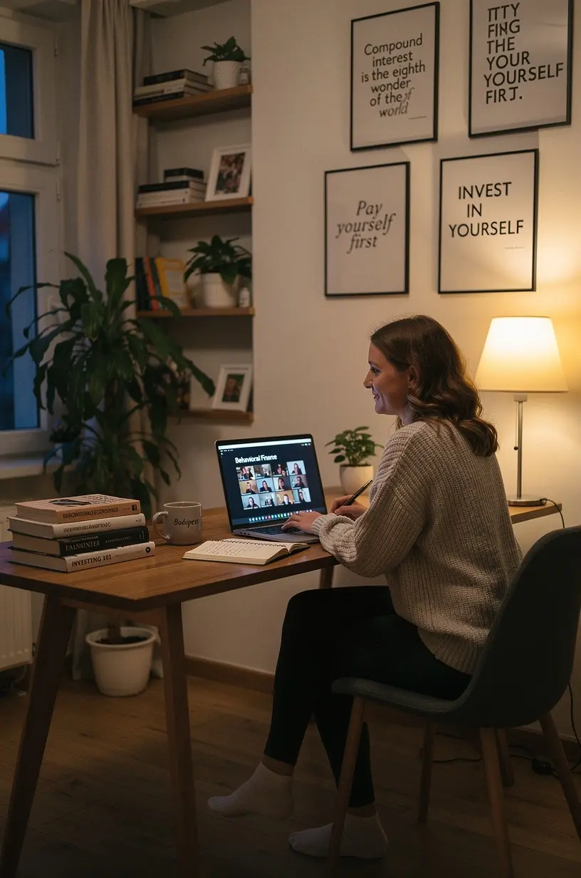 Oktató könyv és toll, mely gyakorlati feladatokat tartalmaz a viselkedési pénzügyek megértéséhez.